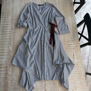 Mlle Gabrielle Black/White Striped Asymmetrical Dress Roll-Tab Sleeves Ribbon M